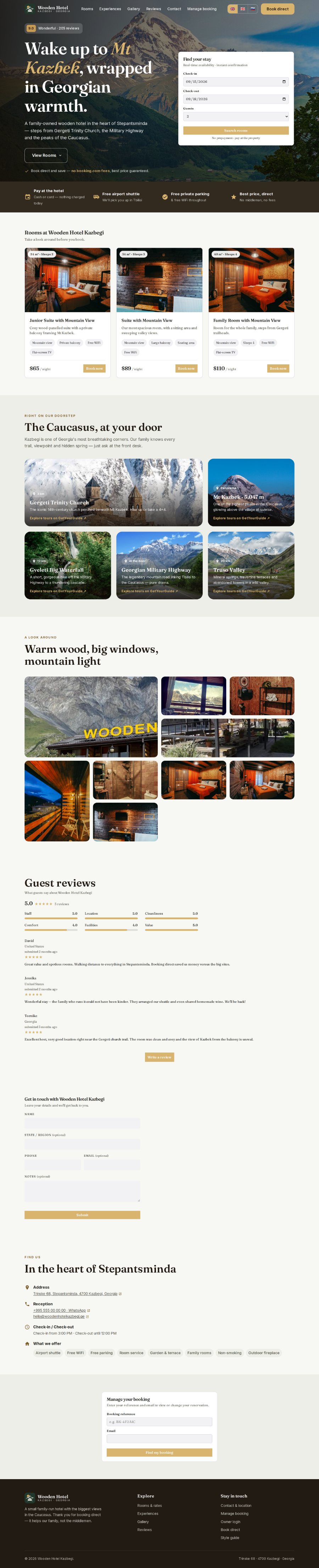 A real guest page made for a family-run hotel, scrolling from the top through the rooms, the photos, the guest reviews and the way to get in touch